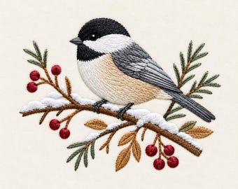 Winter Chickadee Bird Branch Machine Embroidery Design Digital File