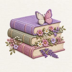 May include: An embroidery design featuring a stack of three books in lavender, sage green, and dusty pink. A butterfly with cream and pink wings rests on the top book. The stack is decorated with embroidered flowers in shades of pink, white, and purple.