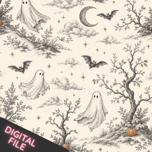 May include: A repeating pattern on a cream background featuring black ink-style illustrations of ghosts, bats, a crescent moon, stars, clouds, bare trees, and pumpkins. The bottom corner contains the text DIGITAL FILE in pink neon lettering.