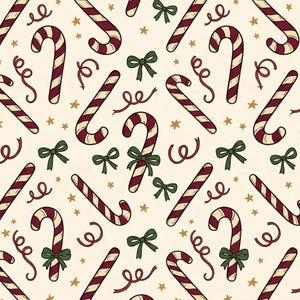 May include: A repeating pattern on a cream background featuring red and white striped candy canes, small green bows, thin red curly ribbons, and tiny gold stars scattered throughout the design in a festive, balanced arrangement.