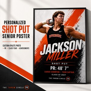 May include: A personalised shot put senior poster featuring an athlete in a black tank top holding a metal shot put. The design includes the name Jackson Miller, the text PR: 48' 7", League Champion, Team Captain, Class of 2027, and The Throw Circle.