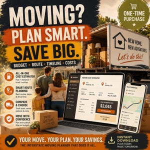 Op de afbeelding: Een digitale verhuisplanner weergegeven op een laptop- en smartphonescherm, met een kostenraming, routeplanning en budgettools. De afbeelding bevat de tekst: MOVING? PLAN SMART. SAVE BIG. BUDGET ROUTE TIMELINE COSTS en ONE-TIME PURCHASE.