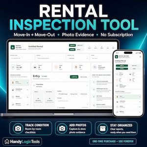 May include: A digital rental inspection tool displayed on a laptop and smartphone screen. The interface shows property condition checklists, photo evidence options, and progress tracking for move-in and move-out reports with no subscription required.