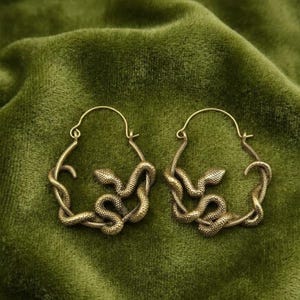 Può includere: Un paio di orecchini a cerchio color oro caratterizzati da un design a serpente testurizzato che si avvolge attorno alla struttura circolare. I serpenti presentano squame dettagliate e sono integrati nel cerchio, creando una forma metallica.