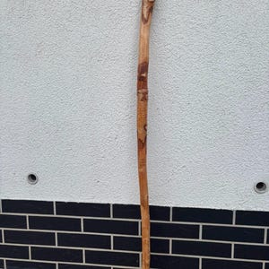 Può includere: Un bastone da passeggio in legno alto e sottile con una finitura naturale color marrone chiaro. La superficie presenta venature organiche del legno, nodi e una forma leggermente curva e irregolare. L'estremità superiore è arrotondata.