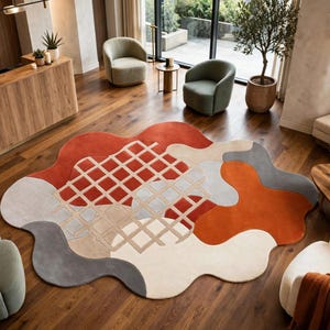 Hand Tufted Wool Rug, Abstract Terracotta Geometric Area Carpet (Irregular Shape)