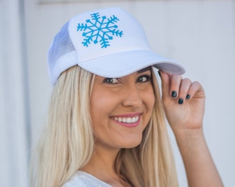 Glitter Snowflake Holiday Trucker Hat/ Christmas/ Fall/ Holiday/ Snowflake hat/ Secret Santa Gift/ Gifts for Her