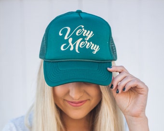Very Merry Holiday Trucker Hat/ Gold Metallic/ Red Hat/ Green Hat/ Christmas Gift/ Gifts for her