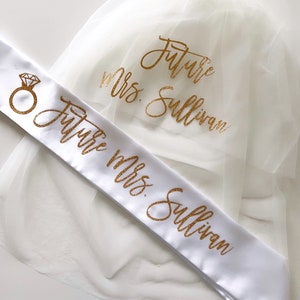 Bachelorette Veil and Sash- sash and veil- Future Mrs Veil - Personalized Veil- Bride to Be Sash- Bachelorette Veil- Bridal Shower Veil Sash