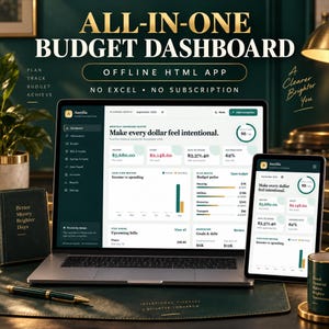 Könnte beinhalten: Ein Laptop und ein Tablet zeigen eine All-in-One-Budget-Dashboard-App namens Aurelia. Der Bildschirm zeigt Finanzdaten wie Einkommen, Ausgaben und Sparquote. Der Text auf dem Bildschirm lautet: Make every dollar feel intentional. Kein Excel, kein Abonnement.