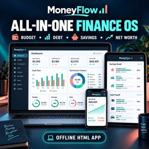 Pode incluir: Um painel financeiro digital chamado MoneyFlow exibido em um laptop, tablet e smartphone. A interface mostra gráficos e dados financeiros, incluindo orçamento, dívida, poupança e patrimônio líquido. Um caderno com o texto Better Money Brighter You é visível.