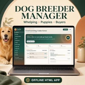 May include: A laptop displaying the Dog Breeder Manager software interface with sections for whelping, puppies, and buyers. The screen shows a dashboard for Cedar Grove, including a programme snapshot, breeding timeline, and live litter care snapshots.