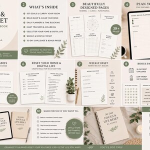 Può includere: Un set di pianificatore e quaderno di esercizi 30-day focus and life reset con pagine stampabili per definire obiettivi, monitorare abitudini e pianificazione giornaliera. Include layout digitali e fisici con testo minimalista e accenti botanici.