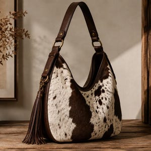 LW large cowhide hobo bag standing upright, showcasing vegetable-tanned cowhide texture and leather handle stitching