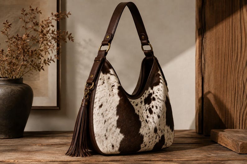 LW large cowhide hobo bag standing upright, showcasing vegetable-tanned cowhide texture and leather handle stitching