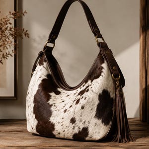 Vintage-style cowhide hobo bag in brown and white cowhide leather with tassel accents and brass hardware