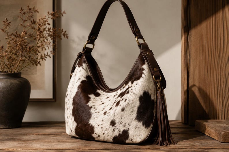 Vintage-style cowhide hobo bag in brown and white cowhide leather with tassel accents and brass hardware