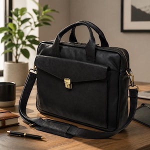 Pode incluir: Uma pasta de couro preta com duas alças superiores, uma alça de ombro removível com uma seção acolchoada e um bolso frontal com aba preso por um fecho de metal dourado. A bolsa tem um formato retangular e ferragens de latão.