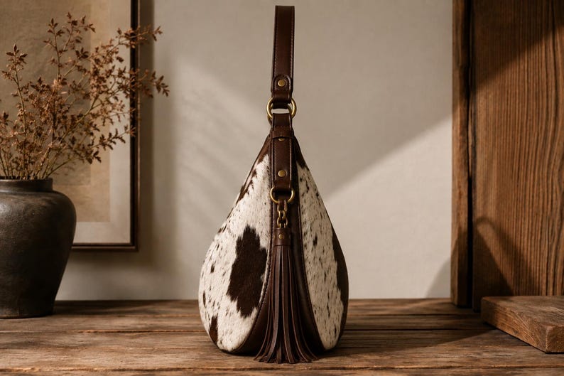 Side view of cowhide leather hobo bag showing rounded silhouette, dark brown leather trim, and fringe tassel detail