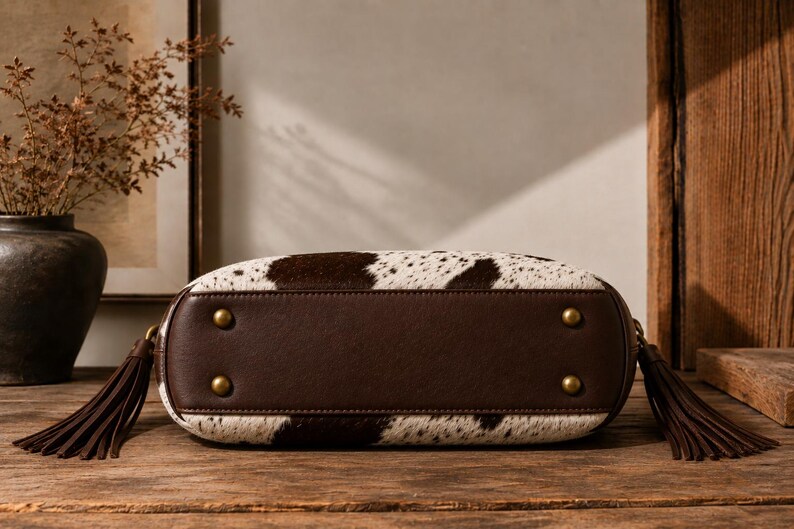 Bottom view of cowhide hobo bag showing reinforced leather base, brass studs, and hanging leather tassels