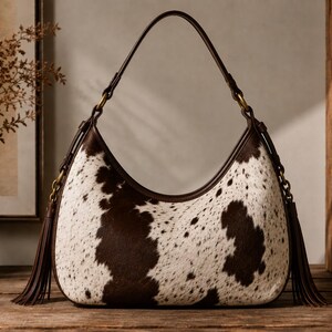 Cowhide hobo bag with brown and white spotted pattern, leather tassels, and adjustable shoulder strap on rustic wooden table