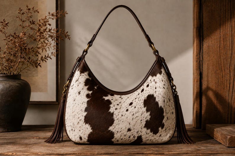 Cowhide hobo bag with brown and white spotted pattern, leather tassels, and adjustable shoulder strap on rustic wooden table