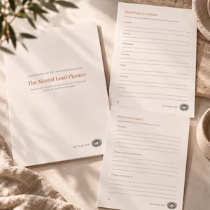 Puede incluir: Un planificador de papel titulado The Mental Load Planner con páginas que presentan secciones de This Week at a Glance y What's on my mind. Las páginas incluyen líneas para la planificación diaria, pensamientos y recordatorios, con un logo de nido.