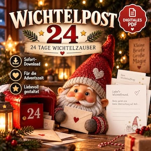 May include: A digital PDF set titled WICHTELPOST 24 featuring a gnome in a red hat holding an envelope. The set includes 24 days of letters, a red mailbox with the number 24, and stationery with the text Liebe*r Wichtelfreund, Heute wartet eine kleine Überraschung auf dich.