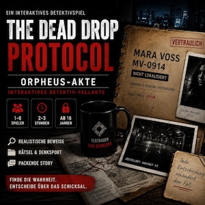 Könnte beinhalten: Das interaktive Detektivspiel The Dead Drop Protocol Orpheus-Akte enthält eine schwarze Tasse mit dem Text Vertrauen Nur Beweisen, eine Akte mit der Aufschrift Mara Voss MV-0914, ein Foto eines dunklen Tunnels und eine Notiz mit Jede Entscheidung verändert den Fall.