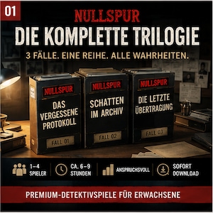 Può includere: Tre scatole portadocumenti nere etichettate Nullspur contenenti la trilogia completa di giochi investigativi. I titoli sono Das Vergessene Protokoll, Schatten im Archiv e Die Letzte Übertragung. Il testo indica 1-4 giocatori, 6-9 ore di gioco e un'opzione di download.