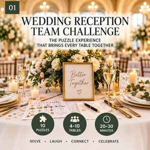 Puede incluir: Un juego de rompecabezas para recepciones de boda que incluye un letrero con marco dorado con el texto Better Together, un bolígrafo y hojas de rompecabezas impresas. El gráfico muestra iconos para 10 rompecabezas, 4-10 mesas y 20-30 minutos.