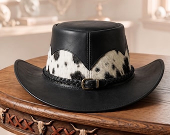 Handgemaakte cowboyhoed van rundleer | Zwarte westernhoed van leer met vacht | Echte leren outbackhoed | Handgemaakte vintage rodeo-pet