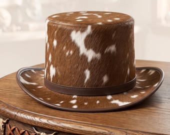 Handgemaakte cowboyhoed van rundleer | Westernhoed van echt leer met haar | Rodeo fedora van echt leer | Hoge hoed in countrystijl voor mannen en vrouwen