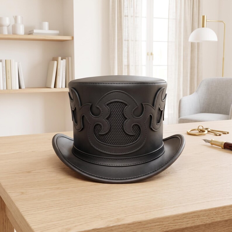 Op de afbeelding: Een zwarte hoge hoed met een gestructureerde kroon, een decoratieve, verhoogde ornamentlaag en een paneel van textuurgaas. De hoed heeft een brede, gebogen rand en een gladde, matte afwerking voor een strak en uniform uiterlijk.