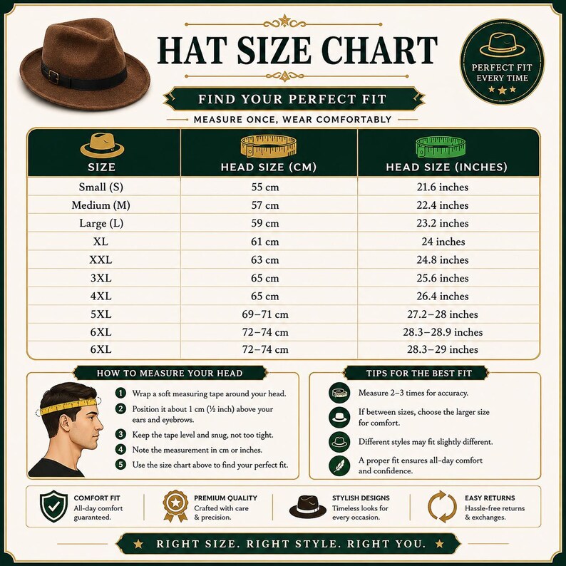 Op de afbeelding: Een hoedenmaattabel met een bruine fedora, een tabel met maten van S tot 6XL in centimeters en inches, en instructies voor het meten van de hoofdomtrek. De afbeelding bevat tekst zoals HAT SIZE CHART, FIND YOUR PERFECT FIT, en tips voor de beste pasvorm, allemaal gepresenteerd in een gestructureerde, informatieve lay-out voor het selecteren van de juiste hoedmaat.