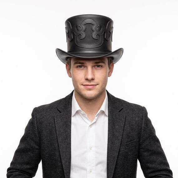 Handmade Leather Top Hat - Gothic Steampunk Top Hat - Genuine Leather Victorian Top Hat - Textured Panel Gothic Steampunk Black Leather Hat