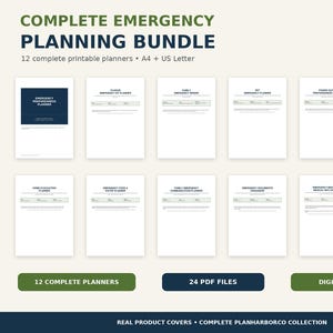May include: A digital emergency planning bundle featuring 12 printable planners in A4 and US Letter sizes. The collection includes documents for emergency kits, family, pets, power outages, car, evacuation, food, water, communication, and medical info.