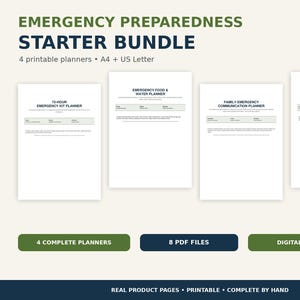 May include: An emergency preparedness starter bundle featuring four printable planners in A4 and US Letter sizes. The set includes a 72-hour emergency kit planner, emergency food and water planner, family emergency communication planner, and emergency documents organizer.