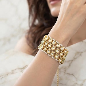 Handmade Gold Tone Kundan Beaded Bracelet, Traditional Indian Pearl Cuff Bracelet with Teardrop Stones, Wide Bridal Statement Bangle