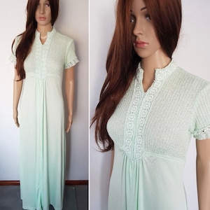 Vintage 70s Gelato Mint Ribbed Crochet Trim Maxi Hostess Dress, size medium M
