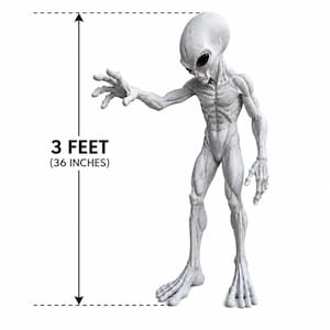 May include: A light grey alien figurine with an elongated head, large black oval eyes, and slender limbs. The figure stands in a reaching pose with one arm extended forward. A measurement graphic indicates the total height is 3 feet or 36 inches.