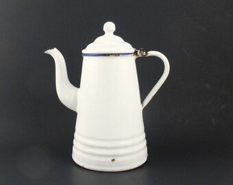 Vintage 1860s White Enamel Coffeepot - Gooseneck Spout - With Lid - French 'L&G Mfg. Co.' - Gardening - Farmhouse Chic Display Piece