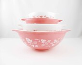 Pink Gooseberry Pattern Pyrex Nesting Bowls - Two Pink - Two White - Pyrex Nesting Bowls - Cinderella Style Handles - Four Nesting Bowls
