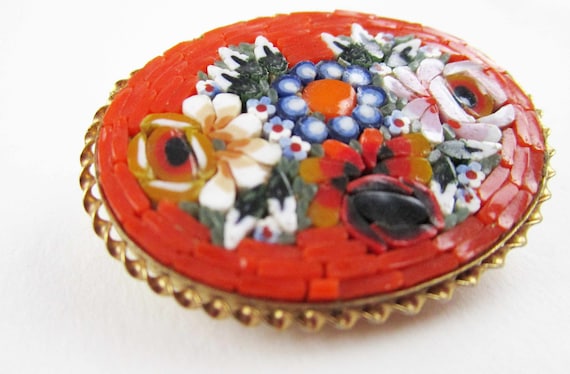 Vintage Jewelry - Micromosaic Brooch - Deep Red R… - image 2