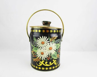 Murray Allen Black Floral Metal Tin Container with Lid and Handle Made England 