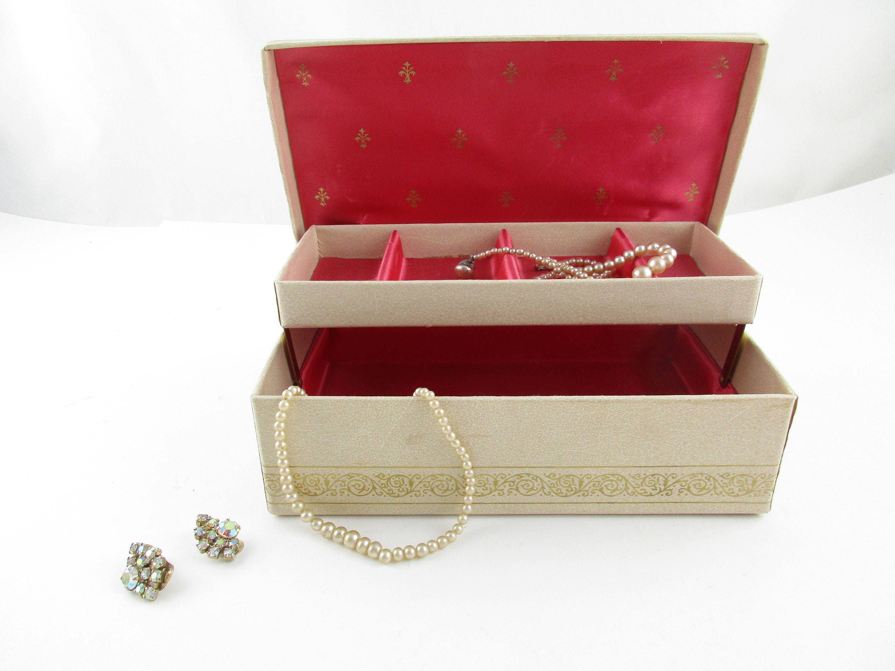 Vintage Ivory Jewelry Box Faux Leather Outside With Rose Etsy