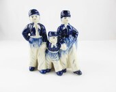 Vintage 39 Dutch Boys 39 Planter or Vase - Cobalt Blue on White - Made in Japan - Three Striding Brothers - Flo Blue on White - Ceramic