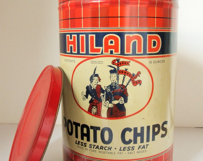 Hiland Potato Chips Red Plaid Tin 16 Oz. Tin for Stacking and Storing