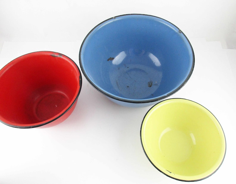 Farmhouse Chic Rustic Display Useful Heavily Enameled Red Three Enamel Bowls Vintage Enamelware Pieces Camp Yellow and Blue