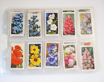 May include: A collection of vintage flower cards in a clear plastic binder. The cards feature colorful illustrations of various flowers, including blue forget-me-nots, white anemones, red snapdragons, and yellow black-eyed susans.